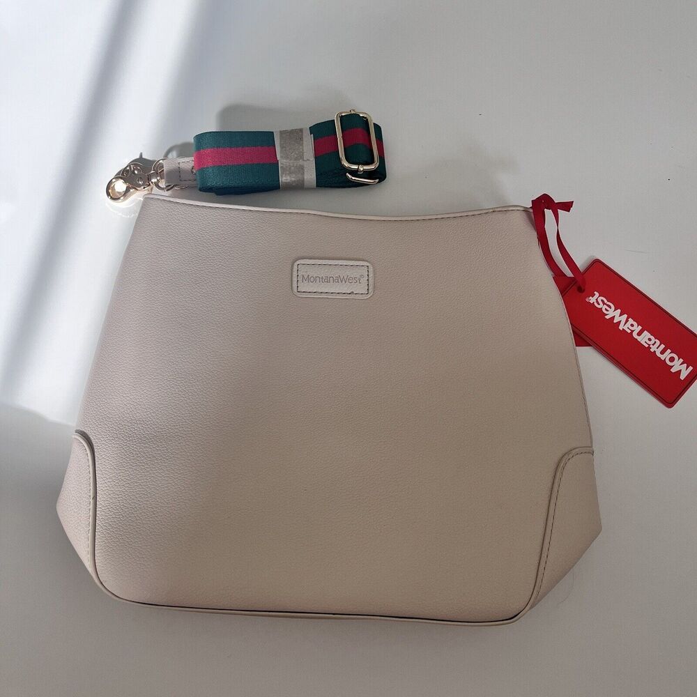 Montana West Purse Cream With Green & Red Strap Purse 12”x10” - NWT - Picture 2 of 7